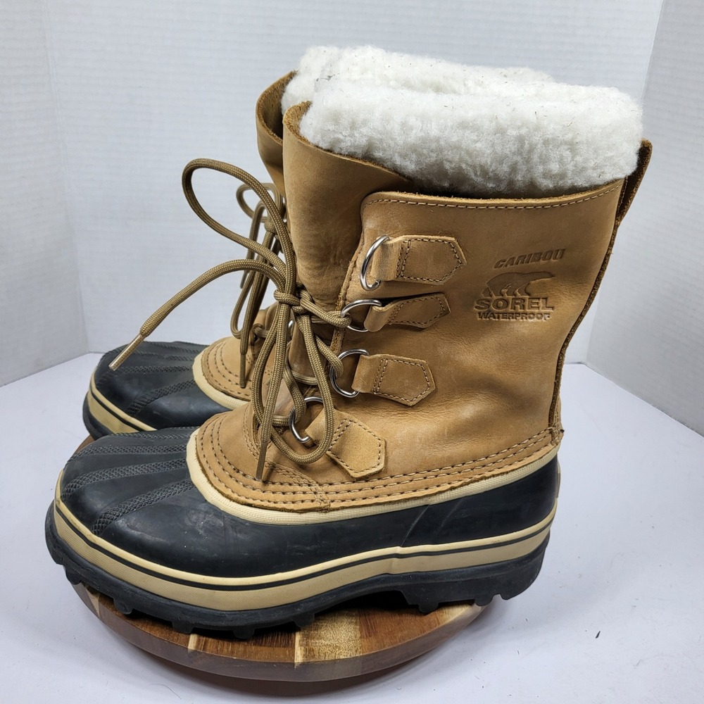 Sorel Caribou Winter Boots Women 7 Buff Tan Black Waterproof Leather Good NL1005